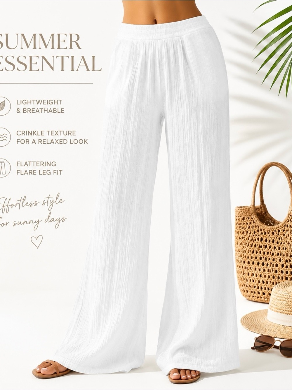 Wide Leg Crinkle Pants Plus 3X White Elastic Waist Pockets Resort Beachy